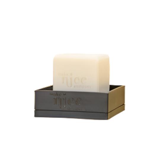 Unscented 240 g Make Nice Company unscented solid dish soap cube in a regular black square dish soap tray 3D printed in Canada out of plant-based materials. Dish soap bars and trays are sold separately.