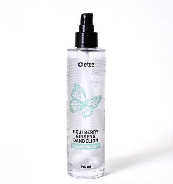 Refillable glass bottle for etee's gogi berry ginseng dandelion facial cleanser concentrate that comes packaged in a biodegradable pod