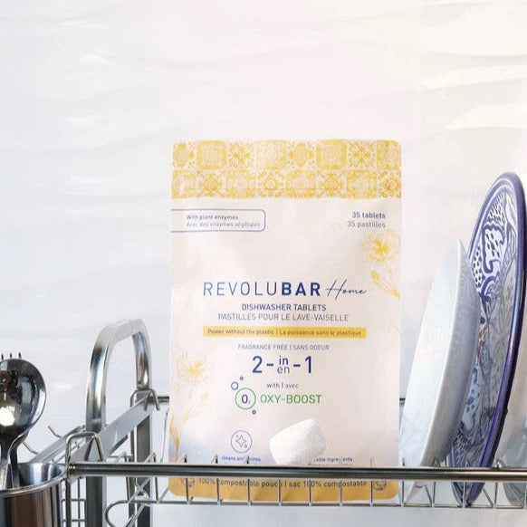 Plastic free dishwaher tablets made in Canada by Tanit Botanics come in a compostable pouch of 35 and tackle grease, grime, odours, food residue and stains, and rinse away cleanly while keeping chemicals off your plate.