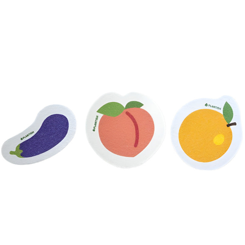 A set of three pop up sponges by Plantish shown in a row on a white background left to right eggplant, peach and orange.