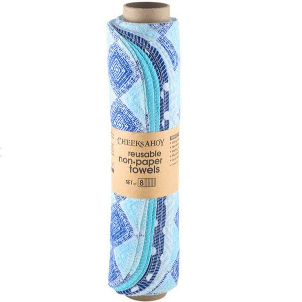 Set of 8 reusable non-paper towels with blue pattern in a roll on a white background