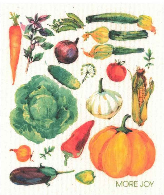 Compostable eco sponge cloth made of cellulose and featuring a colorful motif of root vegetables on a white background replaces paper towel by absorbing 20x its weight in liquid. Size 20 x 17 cm