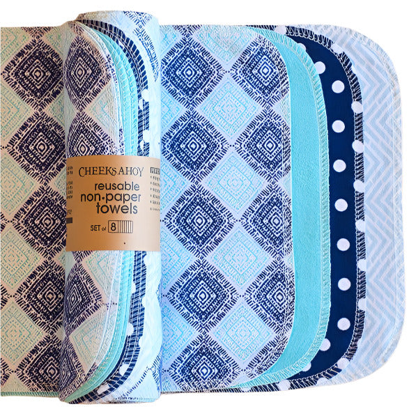 Pack of 8 reusable non-paper towels with various patterns made in Canada by Cheeks Ahoy on a white background