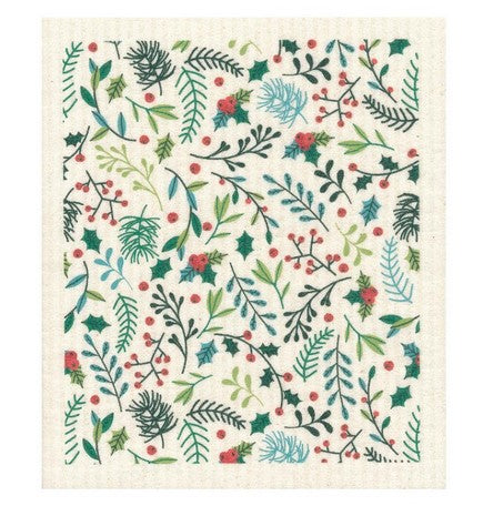 Seasonal Blossom MORE JOY Swedish Dishcloth with festive floral and holly berry design – eco-friendly, reusable, and compostable cleaning cloth made in Finland