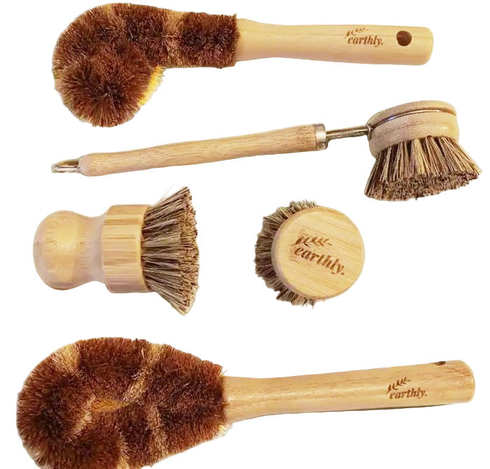 Set of 5 compostable household cleaning brushes made from bamboo and sisal by Earthly Change – eco-friendly zero waste cleaning tools.