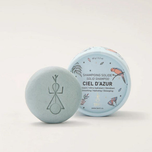 Ciel D'Azur Shampoo Bar by Tanit Botanics is a soothing, hydrating and detangling hair rescue product. It softens, hydrates and repairs. It is all natural, plastic-free, preservative-free and has a biodegradable rich foam.