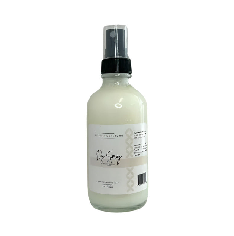Old Soul Soap Company essential oil stinky dog spray in a 100 ml glass bottle made in Canada is shown on a white background