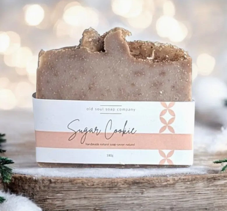 Sugar Cookie handmade natural soap bar by Old Soul Soap Company with sweet vanilla, nutmeg, and cinnamon – artisanal Canadian vegan soap with cozy holiday scent.