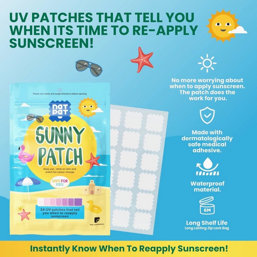 Sunny Patch sunscreen patches packaging with text and icons on a blue background