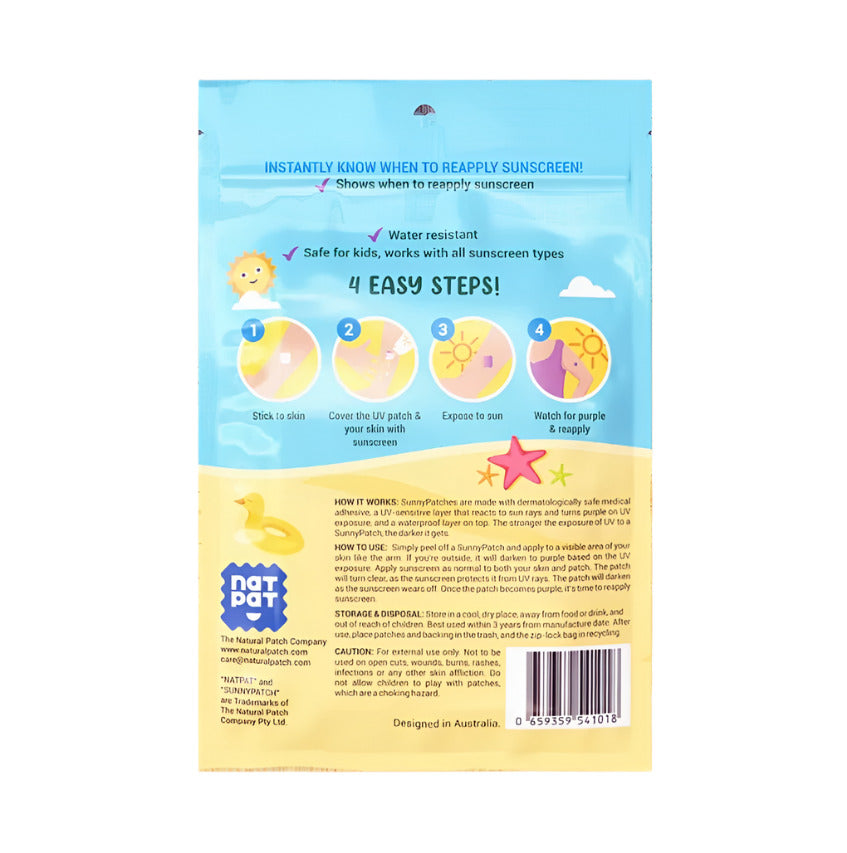 Back of a sunscreen patch packaging with instructions and branding on a white background