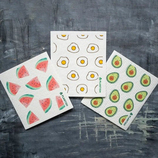 Kitchen cleaning can be fun and easy with this Plantish Swedish dishcloth set of 3 featuring one of each - watermelon, egg and avocado patterns. This plant-based sponge cloth can absorb up to 3/4 of a cup of liquids, it's perfect to clean up water and tea spills, dry dishes and pots, as well as wipe countertops and other surfaces.