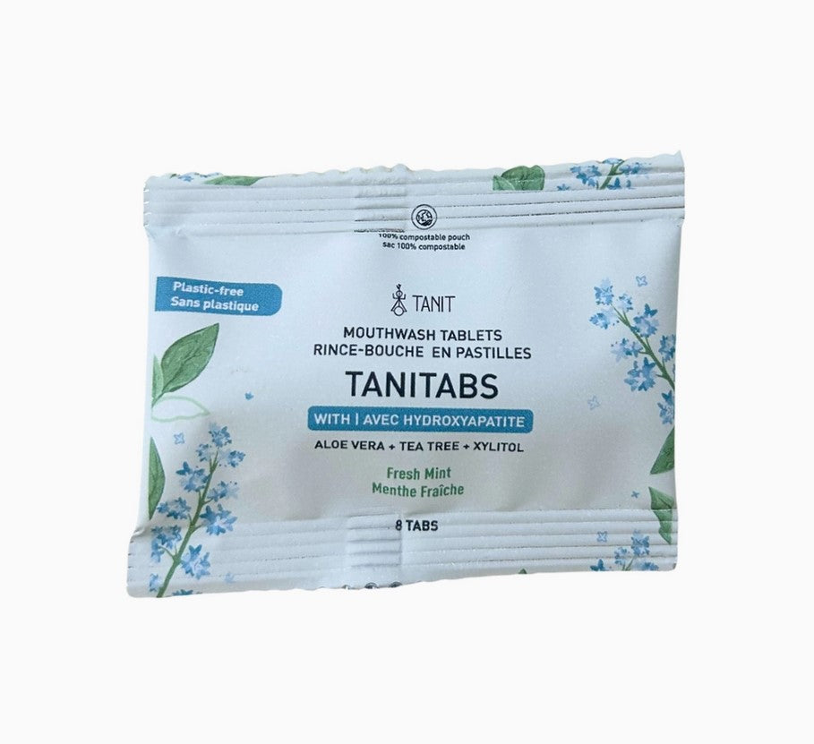 Sample pouch of 8 Canadian made TANITABS mouthwash tablets with hydroxyapatite – fresh mint, plastic-free and compostable packaging on a white background