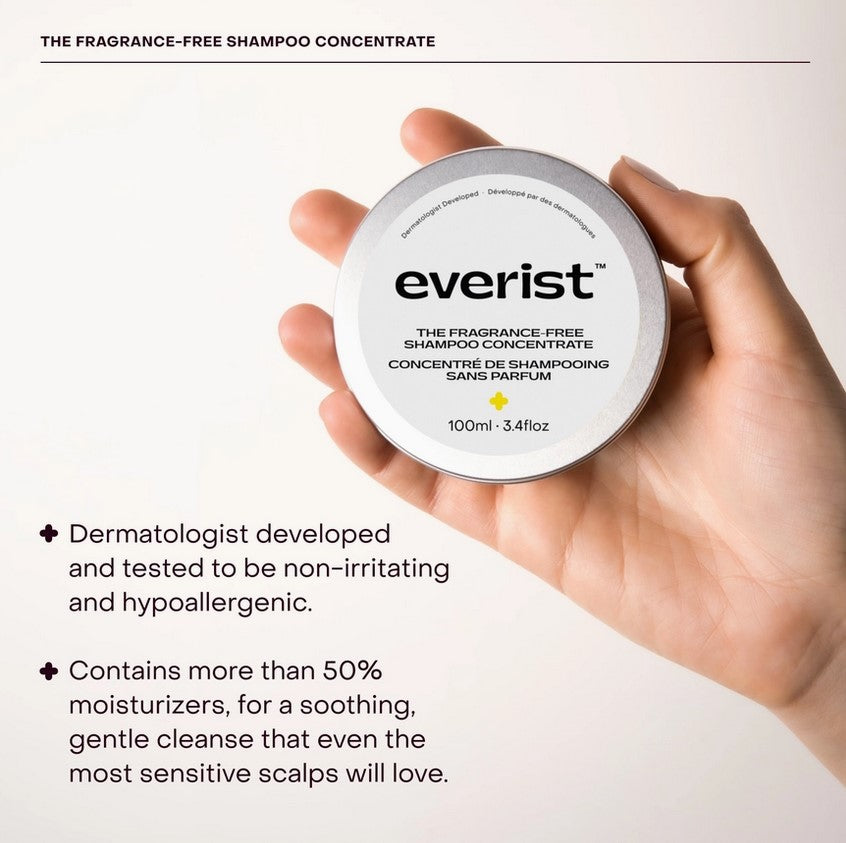 Everist Fragrance-Free Shampoo Concentrate – dermatologist-tested, hypoallergenic shampoo for sensitive scalps in recyclable tin