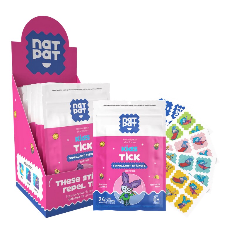 NATPAT Tick Repellent Stickers use natural ingredients to keep you safe: Geranium, Peppermint, Thyme and Cedarwood Essential Oils. With the company's guarantee to never use dangerous chemicals, their products will always be safe for kids.
