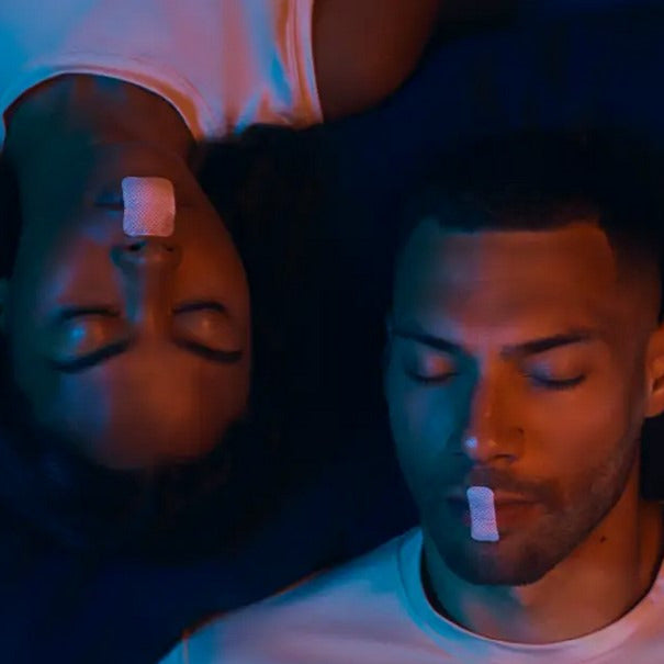 Couple wearing Active Humans Deep Sleep Mouth Tape strips while sleeping – natural nasal breathing support