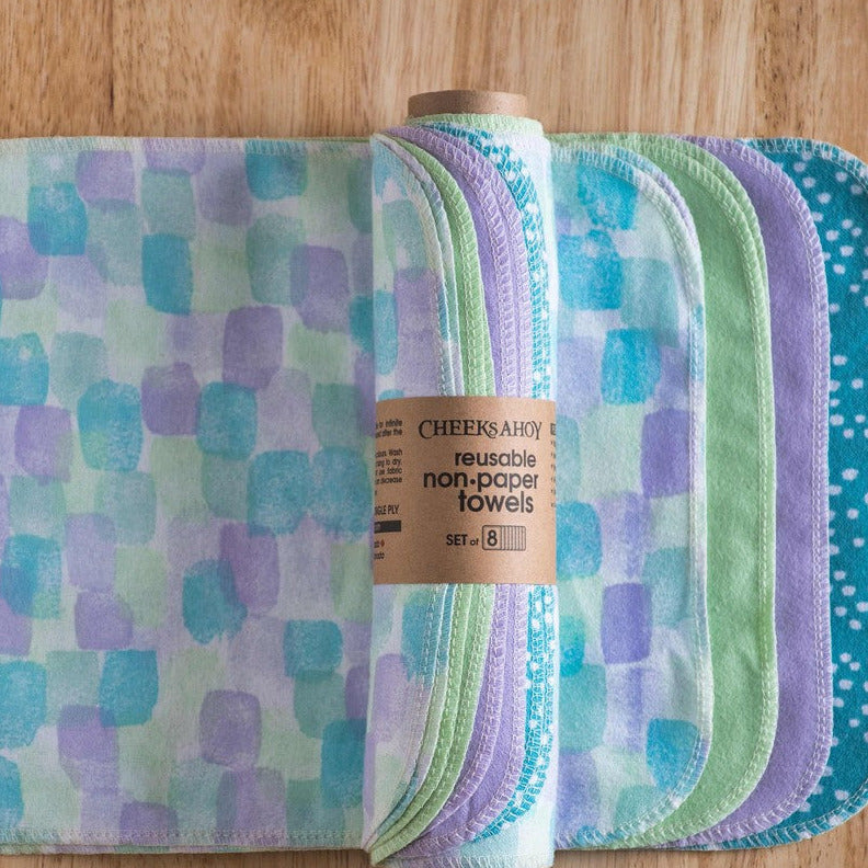 Harmony Reusable Non-Paper Towels made in Canada by Cheeks Ahoy in a folded set of 8. 