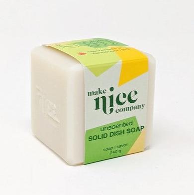 Unscented solid dish soap cube 240 g made in Canada by the Make Nice Company