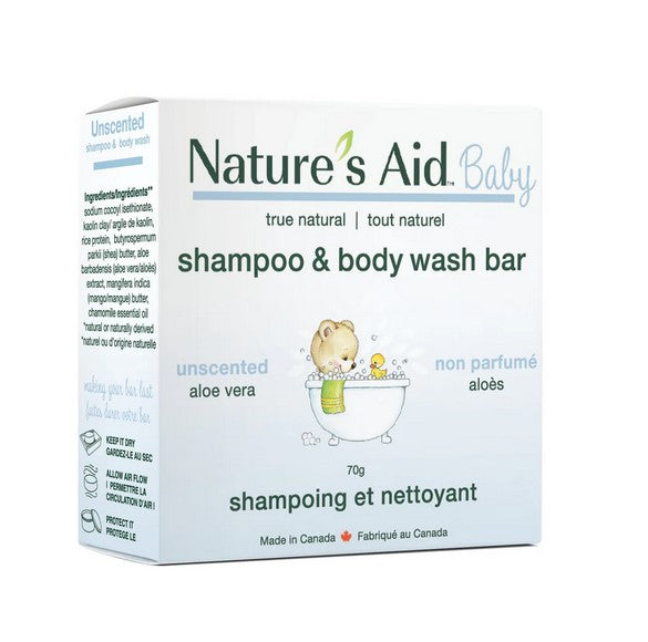 Nature’s Aid Baby Shampoo and Body Wash Bar Unscented with Aloe Vera – gentle, tear-free, eco-friendly cleansing for sensitive baby skin and hair