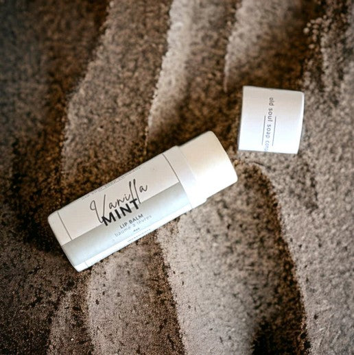 This Vanilla Mint Lip Balm by the Old Soul Soap Company is Canadian made and naturally flavoured. It features a long lasting blend of oils and butters infused with calendula and chamomile in a push up cardboard tube.