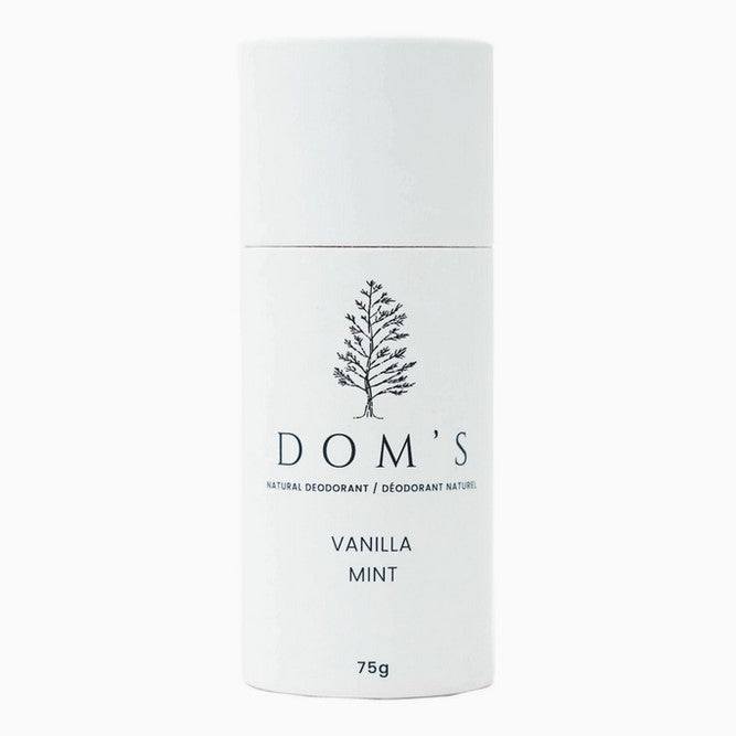 Dom’s Vanilla Mint Natural Deodorant Stick – 75g vegan deodorant in recyclable paper tube, 100% natural and 85% organic, offering extra-strength odour control with a refreshing vanilla mint scent.
