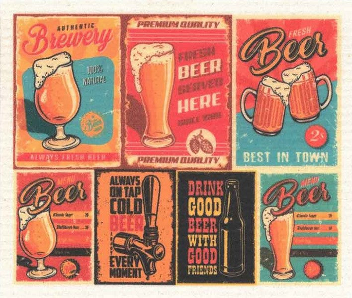 Compostable eco sponge cloth made of cellulose with a vintage beer motif replaces paper towel by absorbing 20x its weight in liquid. Size 20 x 17 cm