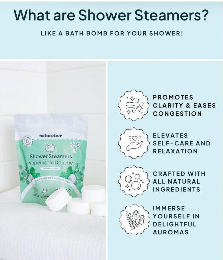 What are shower steamers? They are like a bath bomb for your shower! They promote clarity and ease congestion. They are also know to elevate self care and relaxation. These shower steamers are crafted with all natural ingredients. Immerse yourself in delightful aromas.