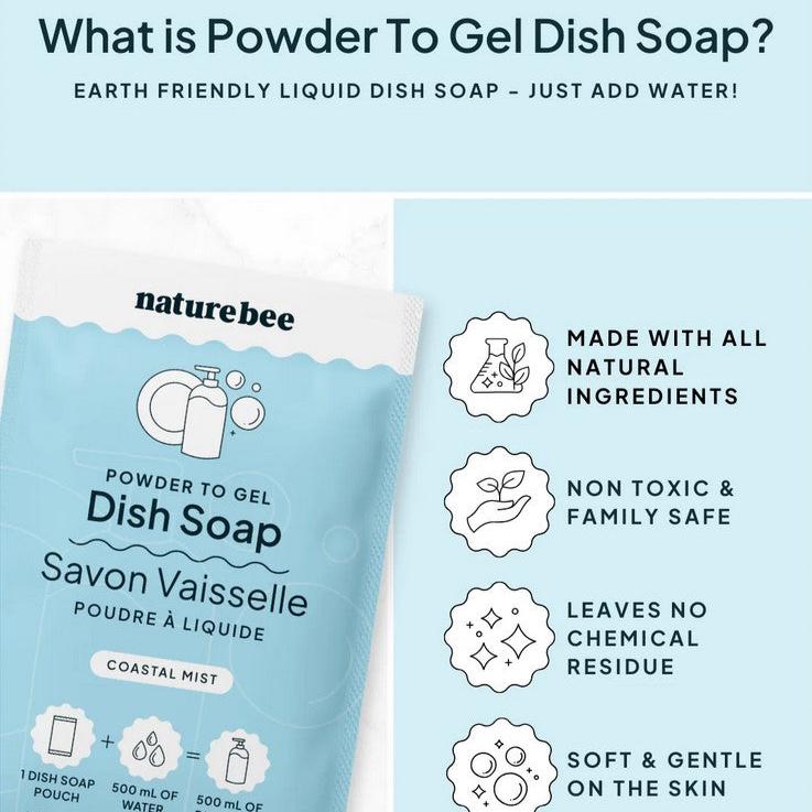 What is coastal mint powder to gel dish soap? Earth friendly liquid dish soap that you just add water too. It is made with all natural ingredients, is non-toxic and family safe, leaves no chemical residue and is soft and gentle on the skin.