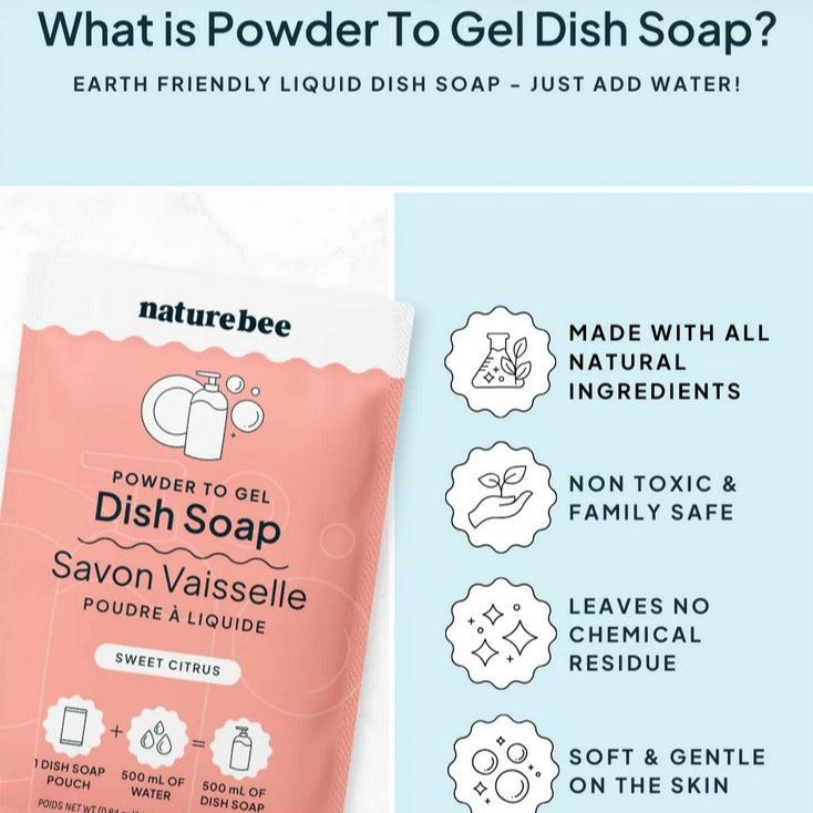 What is sweet citrus powder to gel dish soap? Earth friendly liquid dish soap that you just add water too. It is made with all natural ingredients, is non-toxic and family safe, leaves no chemical residue and is soft and gentle on the skin.