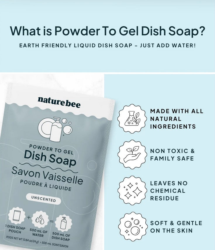 What is Nature Bee powder to gel dish soap? It is an earth friendly liquid dish soap where you just add water. This image shows a package of unscented dish soap concentrate powder along with a list of benefits. It is made with all natural ingredients, non toxic and family safe, leaves no chemical residue and it is soft and gentle on the skin.