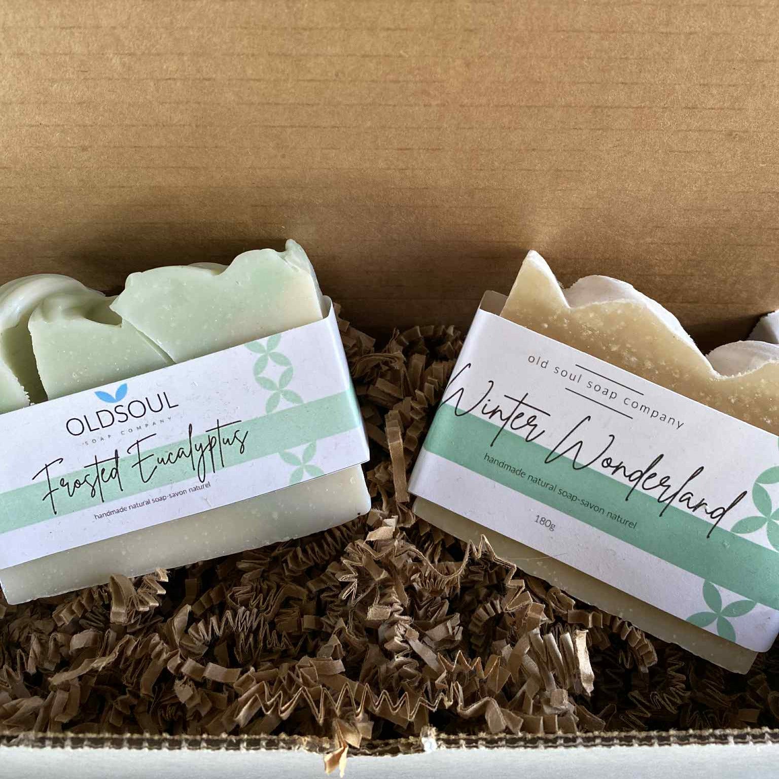 Winter Chill Gift Box featuring two Canadian-made artisan soaps—Frosted Eucalyptus and Winter Wonderland—by the Old Soul Soap Company, beautifully packaged in an eco-friendly kraft box with paper filler. Perfect sustainable gift for winter self-care or holiday giving.