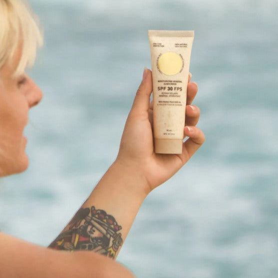 Moisturizing 30 SPF mineral sunscreen from Tanit Botanics in a 90 ml compostable tube is made in Canada with mineral filters, precious organic oils and natural butters to protect and moisturize the skin safely, without any harm to marine life