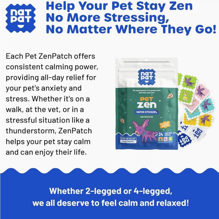 Advertisement for Pet Zen products with text and packaging on a blue background