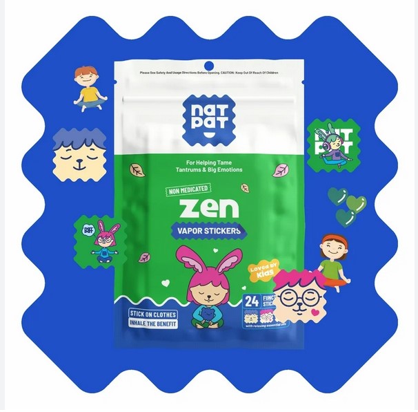 Pack of Nat Pat Zen Vapor Stickers with colorful illustrations on a blue border