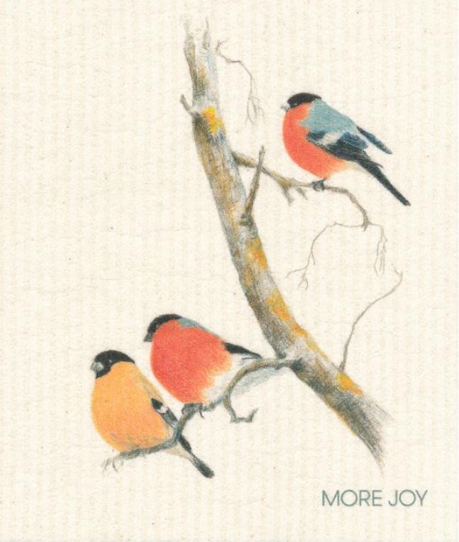 More Joy Swedish sponge cloth with three bullfinches on branches