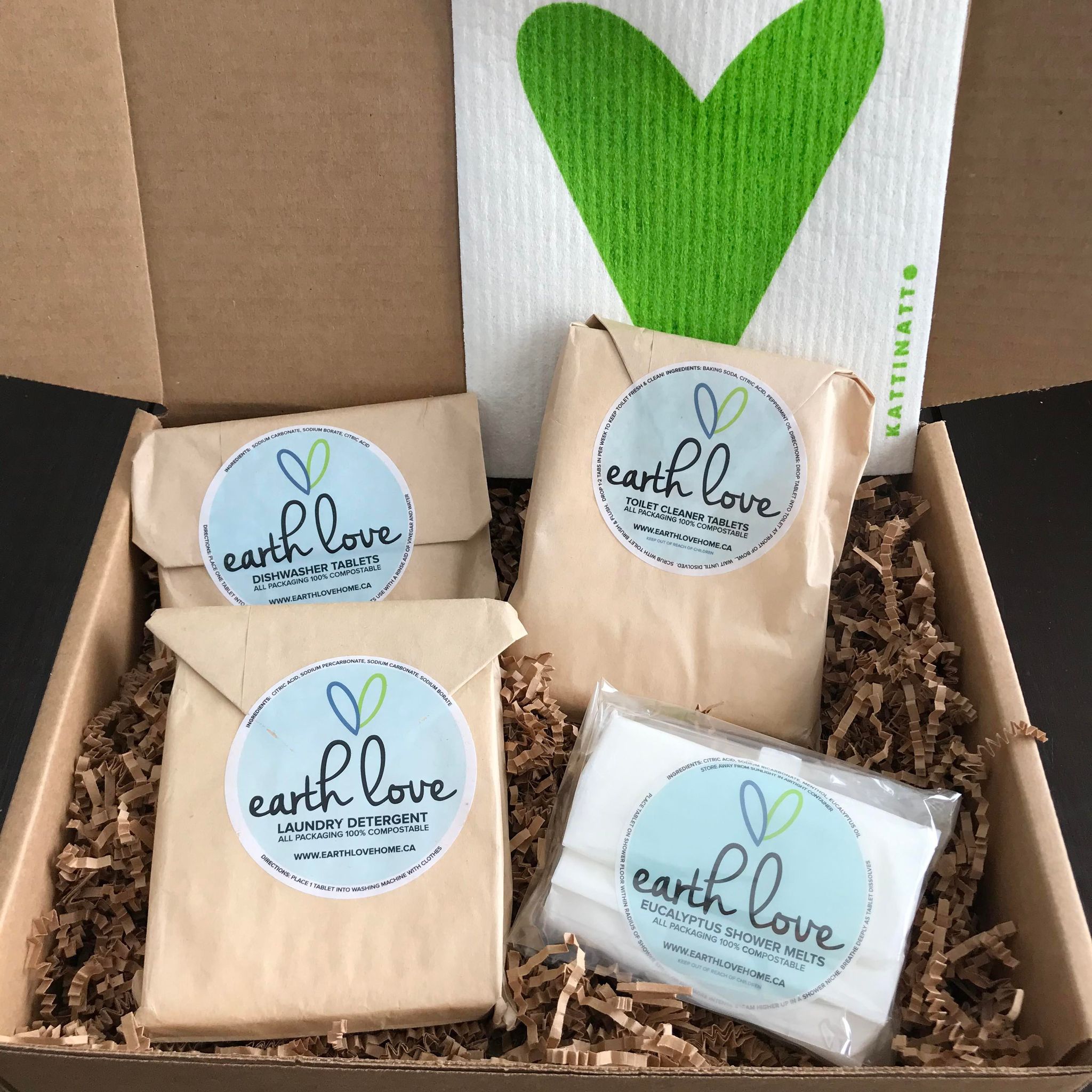 This Canadian made Earth Love Essentials Kit includes a 12 pack of dishwasher tablets, a 12 pack of toilet cleaner tablets, a 12 pack of laundry detergent tablets and a 6 pack of eucalyptus shower melts along with a 'Green Heart' Kattinatt Swedish sponge cloth.