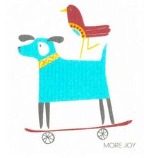 more joy swedish sponge dish 20 x 17 cm cloths available in canada with a teal coloured dog on a skateboard and a red bird on it's back on a white background