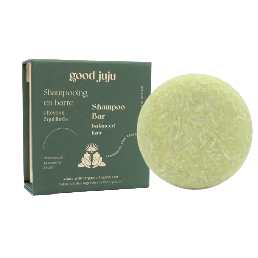 Lemongrass sage and bergamot scented shampoo bar for normal balanced hair in a zero waste box made in Canada by good juju