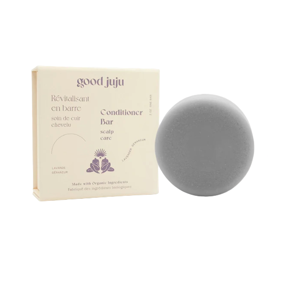 Lavender geranium scented conditioner bar for itchy or irritated scalp in a zero waste box made in Canada by good juju