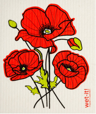 3 red poppies  wet-it swedish cloth