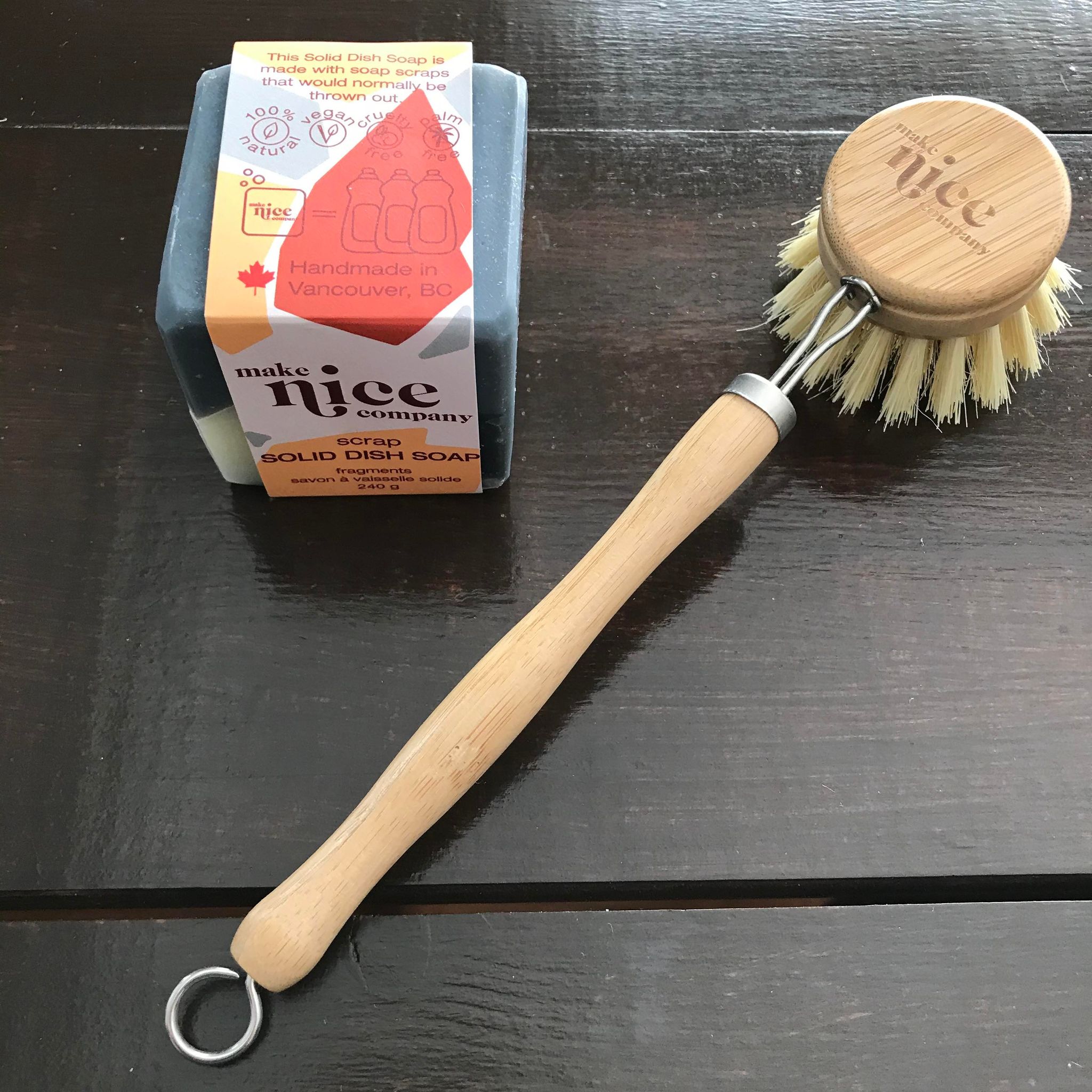 Scrap solid dish soap cube with replaceable head dish brush made in Canada by the Make Nice Company