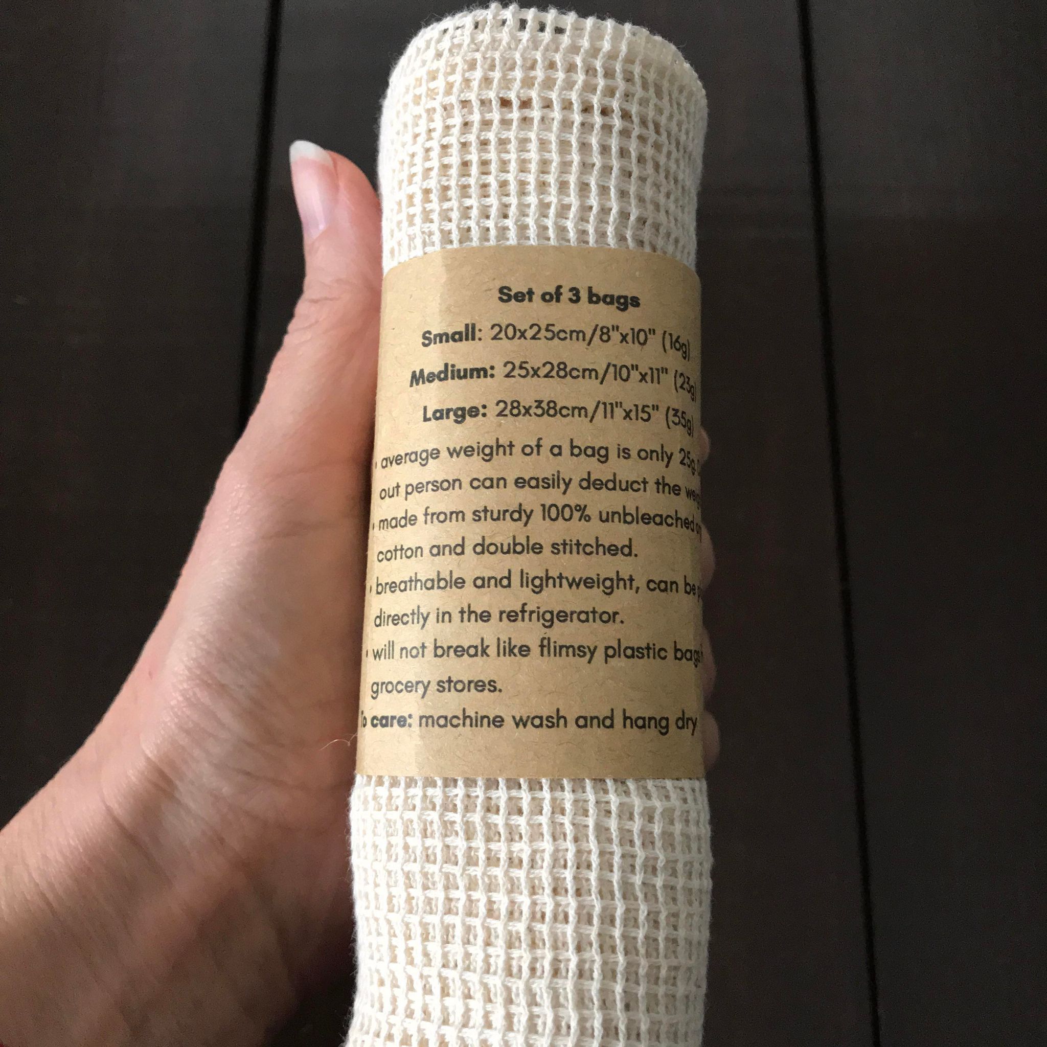 Set of three small, medium and large mesh produce bags made by the Canadian brand Plantish
