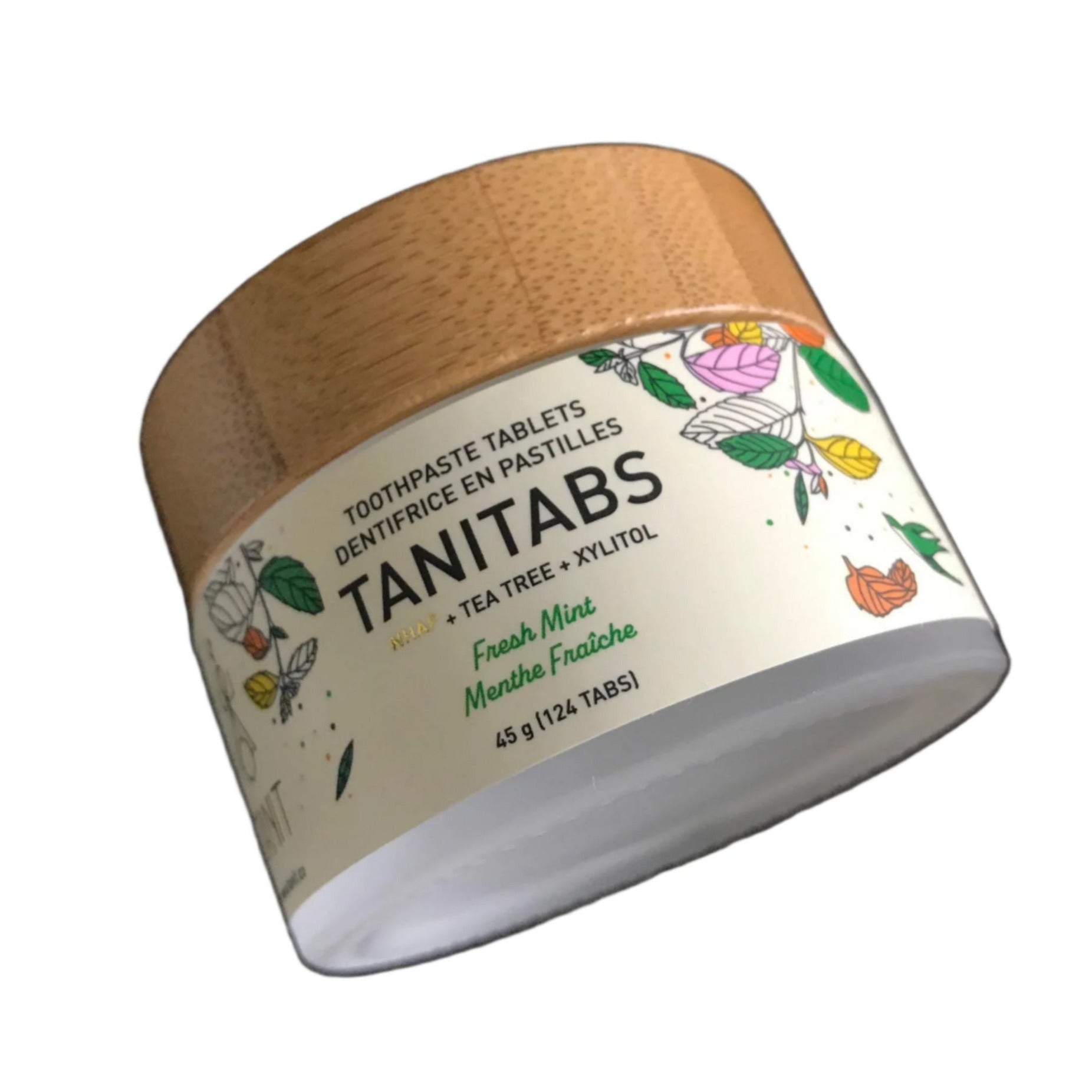 Fresh mint tanitabs toothpaste tablets in a 45 g (124) glass jar made in Canada Tanit
