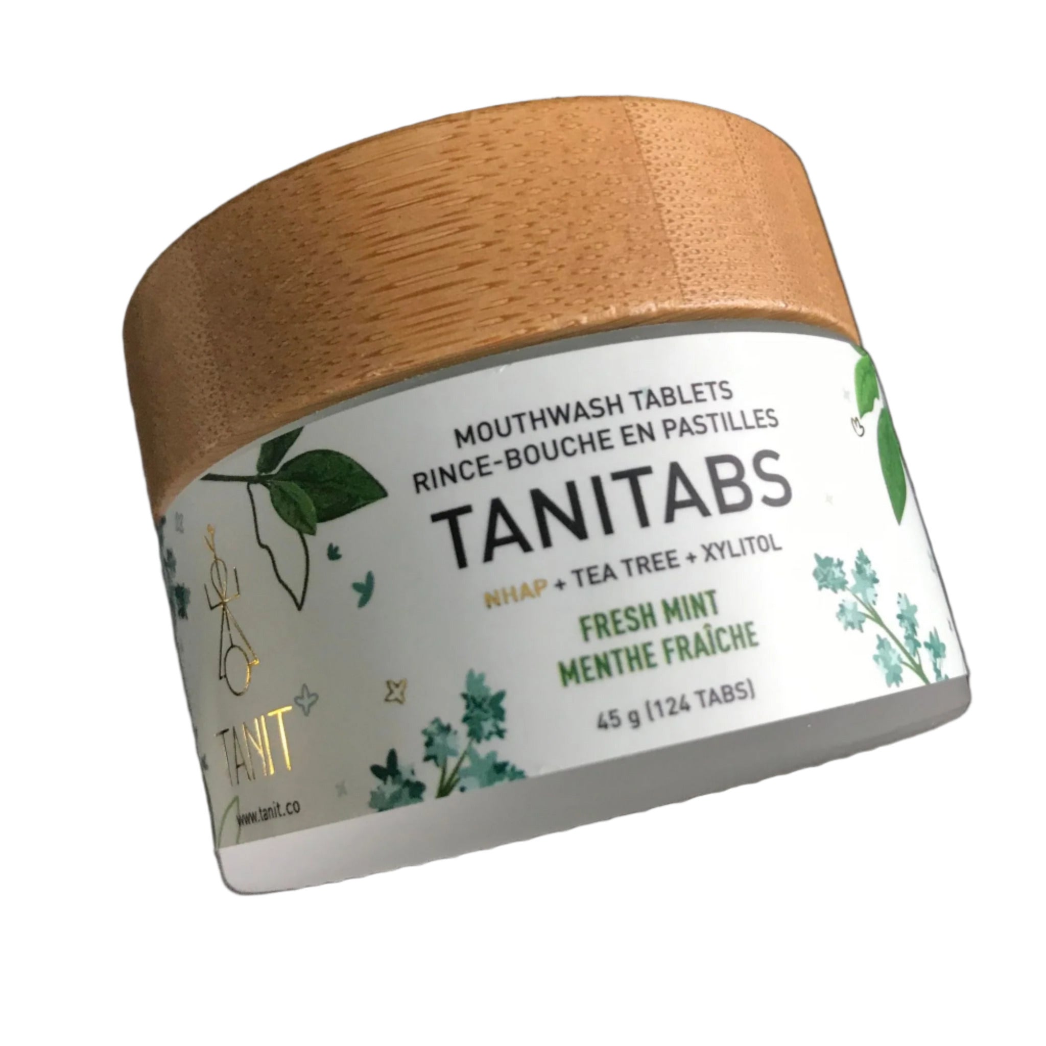 124 tablet glass jar with bamboo lid of TANITABS Fresh Mint mouthwash tablets – zero waste, Canadian-made fluoride-free mouth rinse on a white background