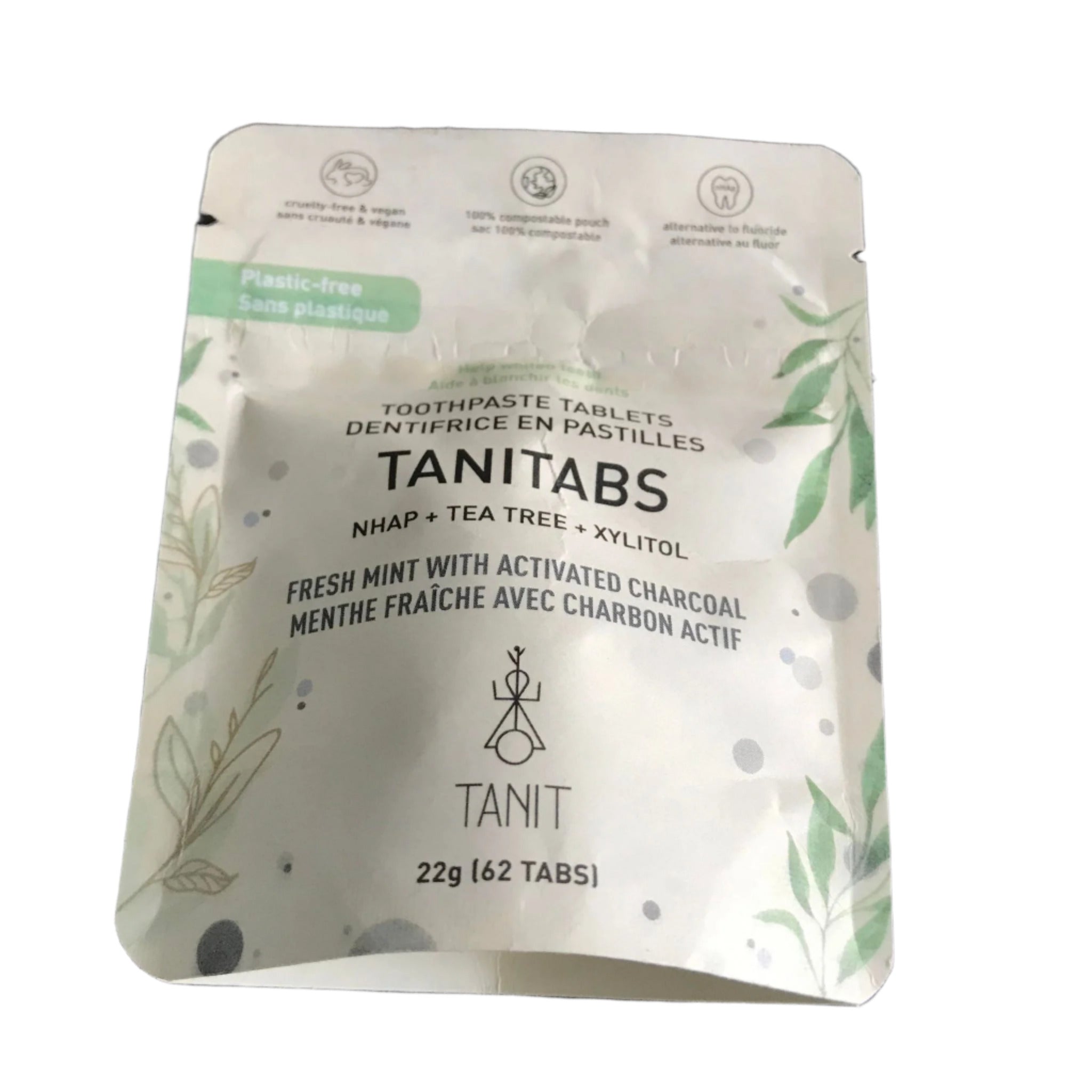 Canadian made fresh mint with activated charcoal Tanitabs in a 22g (62 tabs) compostable pouch