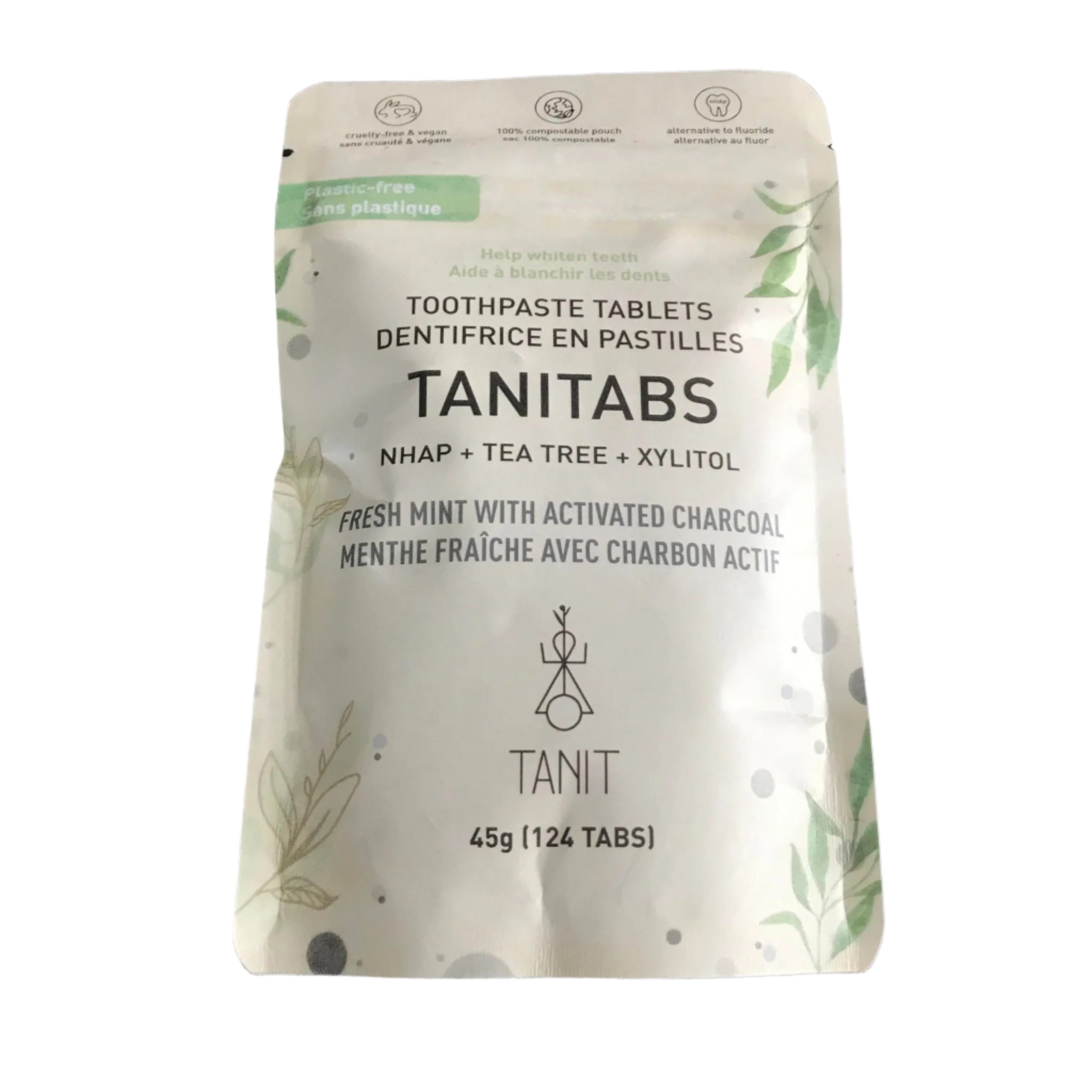 Canadian made fresh mint with activated charcoal Tanitabs in a 45g (124 tabs) compostable pouch