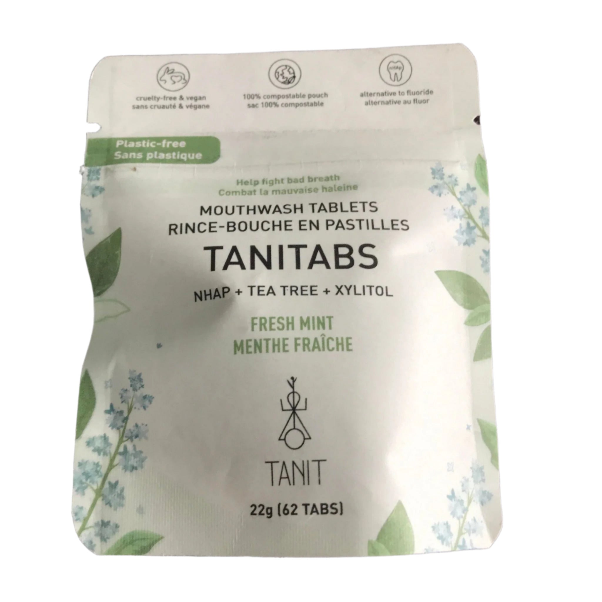 1-month 62 tablet compostable refill pouch of TANITabs Fresh Mint mouthwash tablets – Canadian-made, plastic-free oral care on a white background