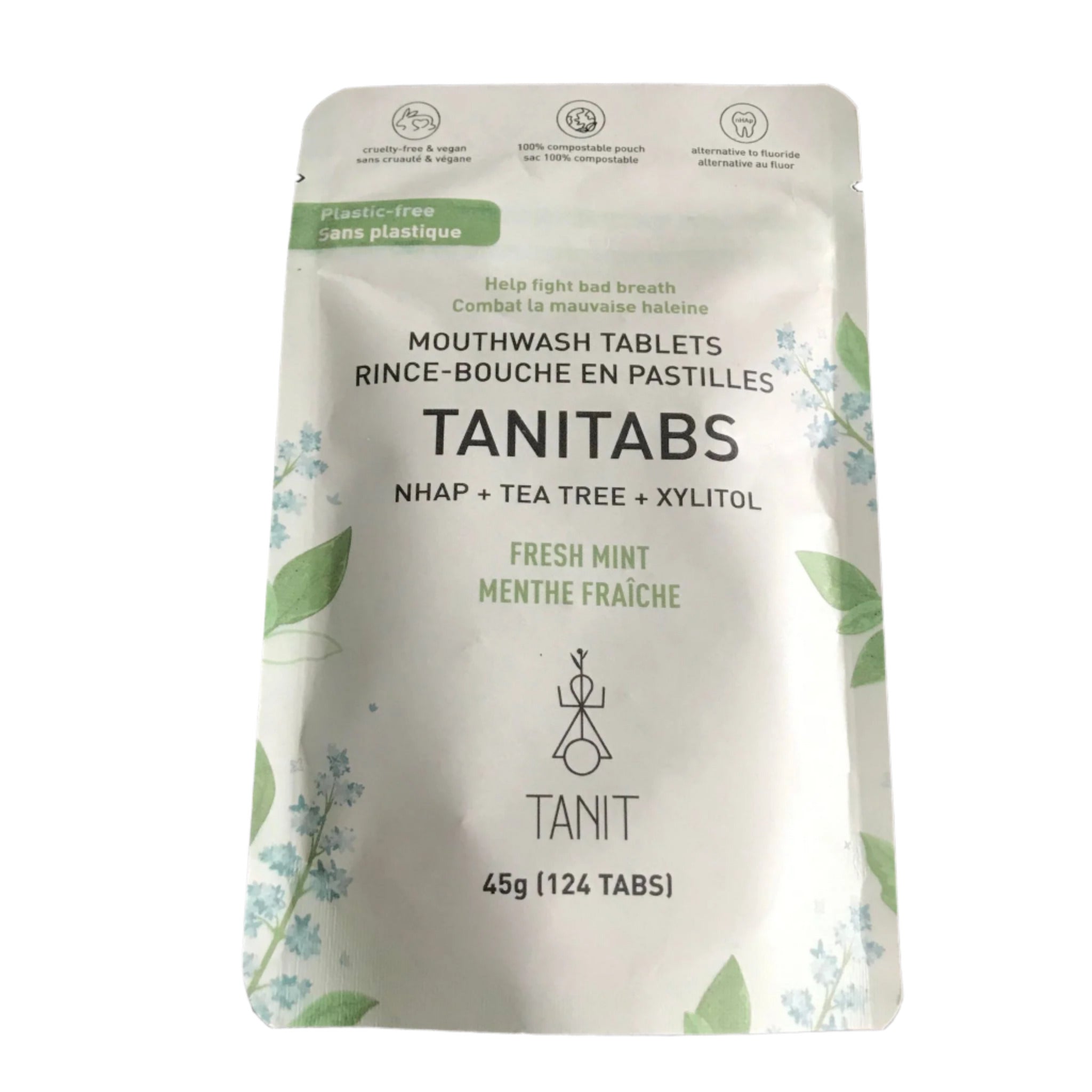 2-month compostable refill pouch of TANITabs Fresh Mint mouthwash tablets – 124 count, plastic-free, Canadian-made oral care with NHAP and tea tree on a white background