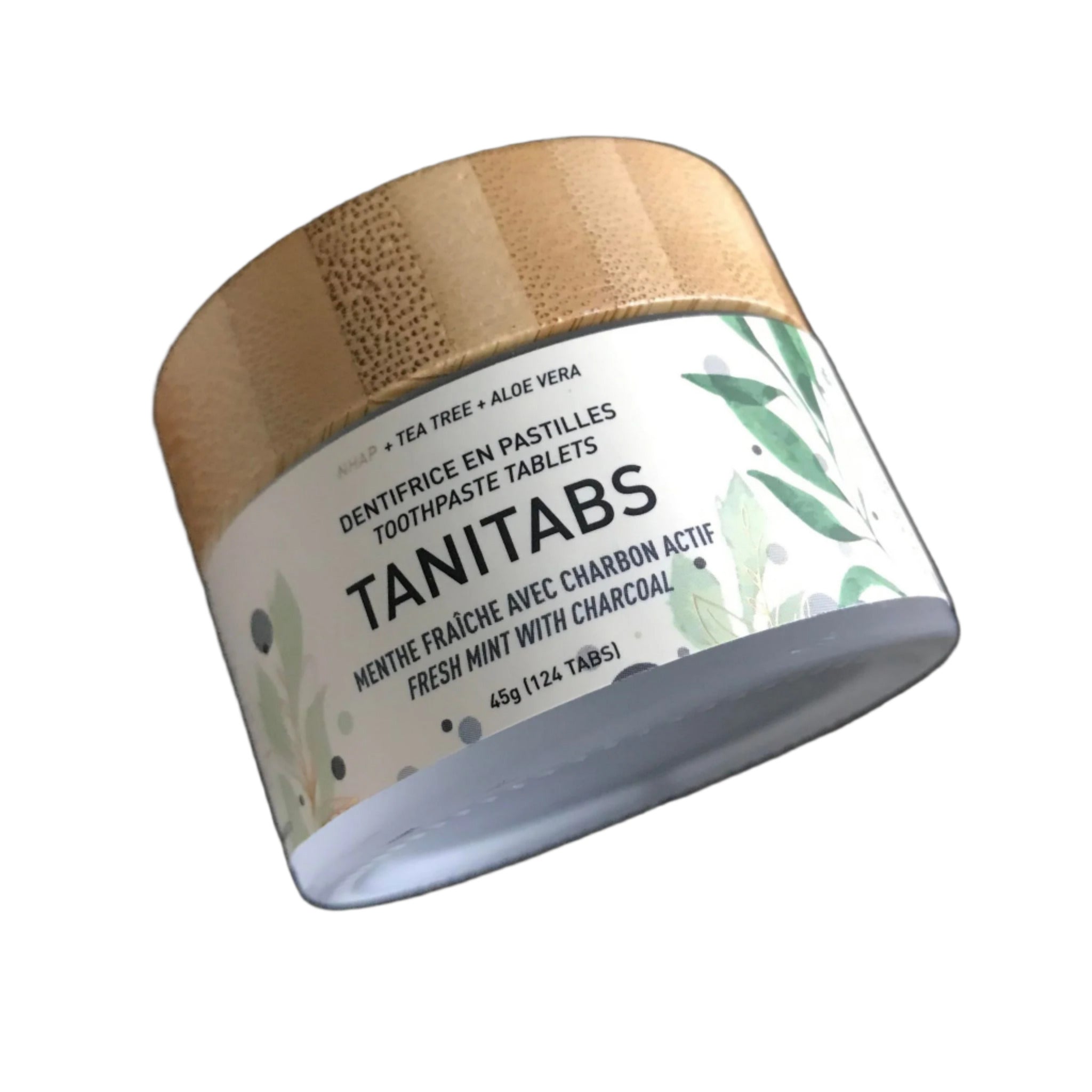 Fresh mint activated charcoal toothpaste tablets in a 45 g glass jar (124 tablets) made in Canada by Tanit