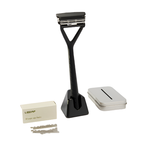 Black Leaf Razor Kit with razor, matching stand, 50 single-edge blades, and metal blade recycling tin – zero-waste shaving set by Leaf Shave