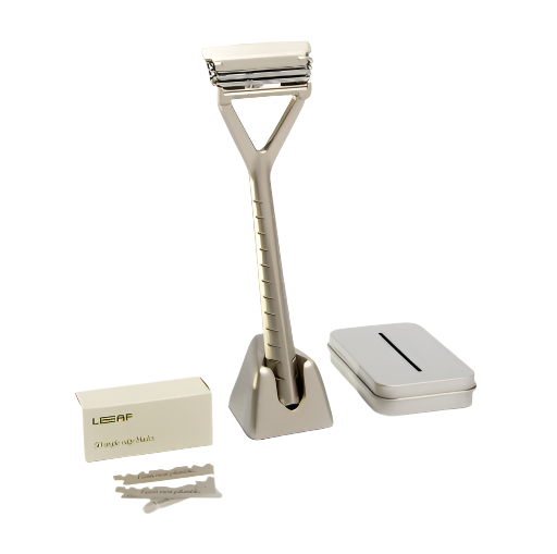 Silver Leaf Razor Kit with pivoting head, stand, 50 single-edge blades, and metal blade recycling tin – plastic-free shaving set by Leaf Shave
